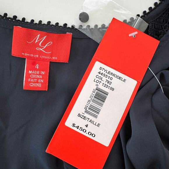 Monique Lhuillier ML Navy Satin Dress High-Low Long Sleeve V-Neck 4 NWT - Picture 14 of 16